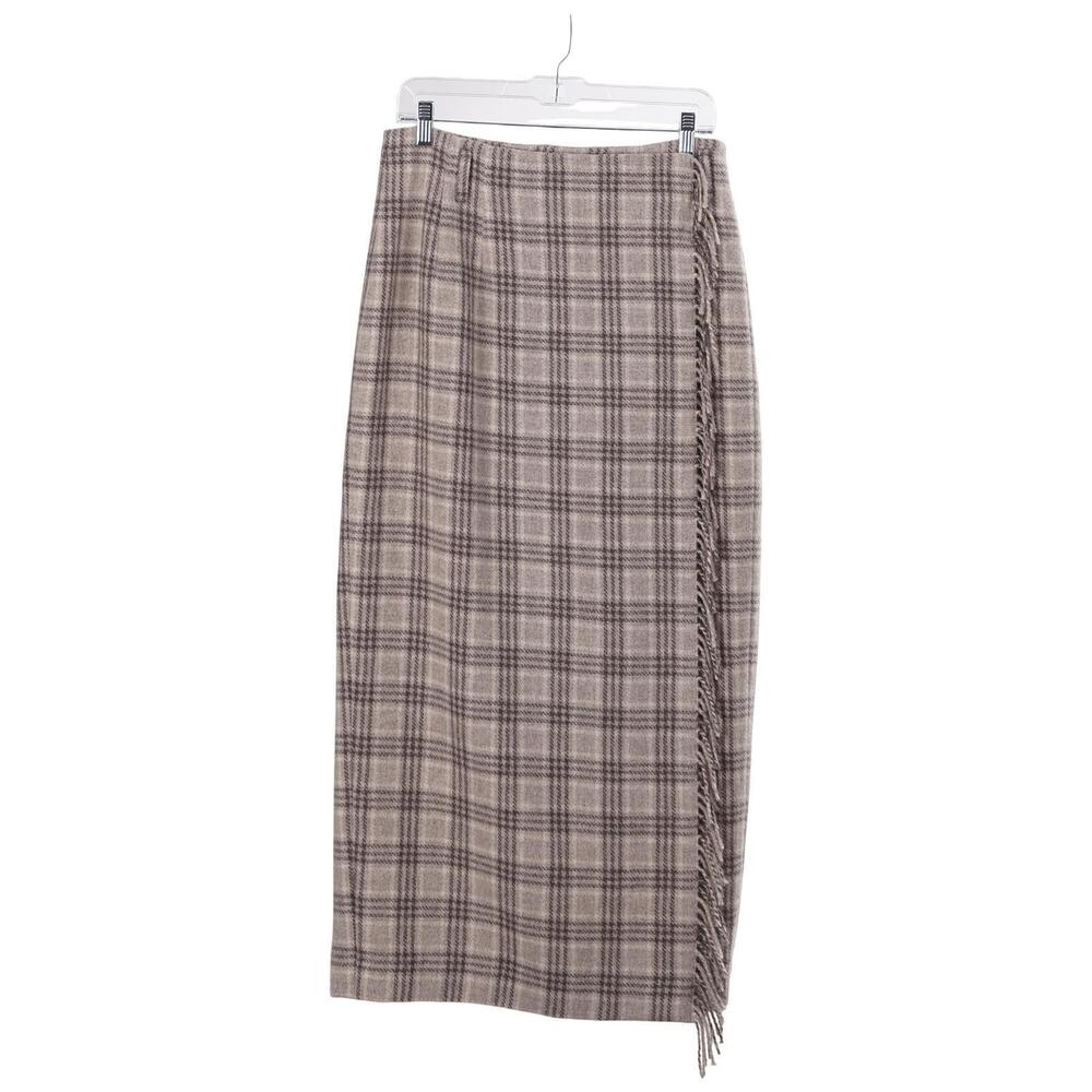 NWOT Jaeger Skirt 14 Taupe Beige Plaid Alpaca Mohair Wool Wrap Maxi Fringe Lined